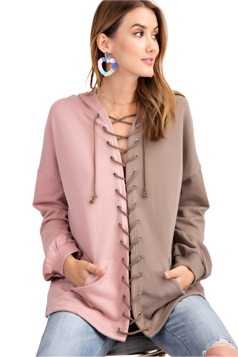 Dames Hoodie Kleurblok Gebreid Mocha 0