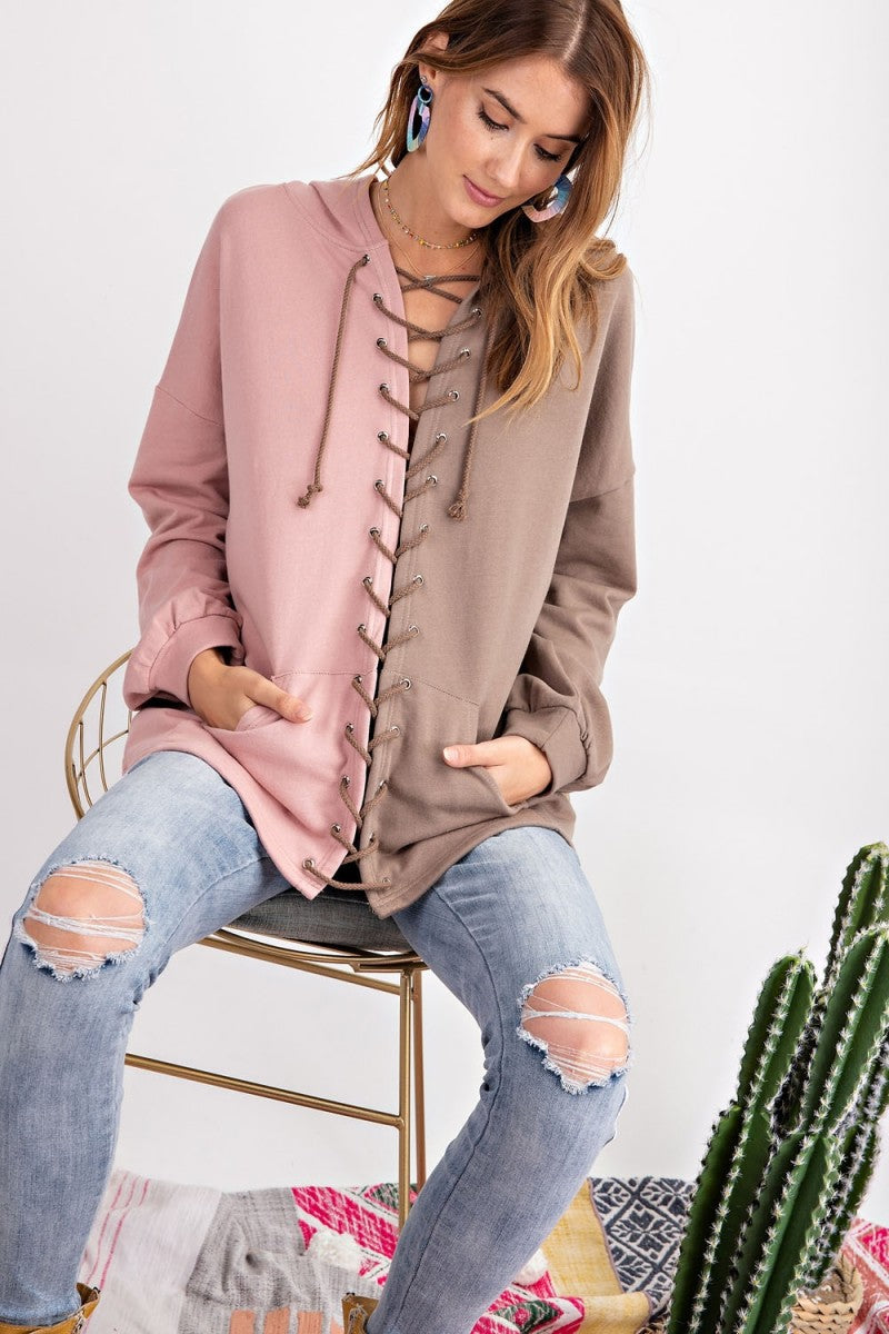 Dames Hoodie Kleurblok Gebreid Mocha 2