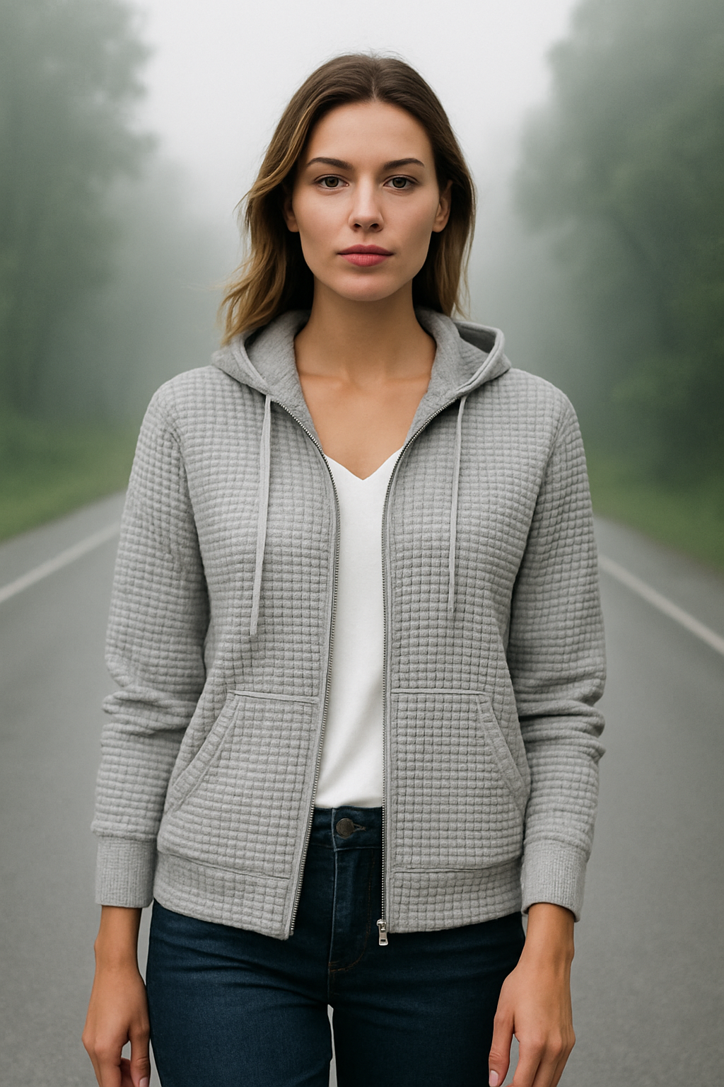 Dames Hoodie Vest Casual Wafelstructuur met Rits en Capuchon 1