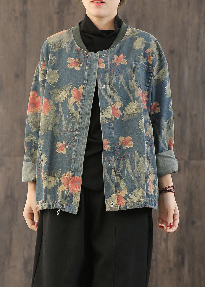 Dames Jas Denim Retro Print Met Knopen 1