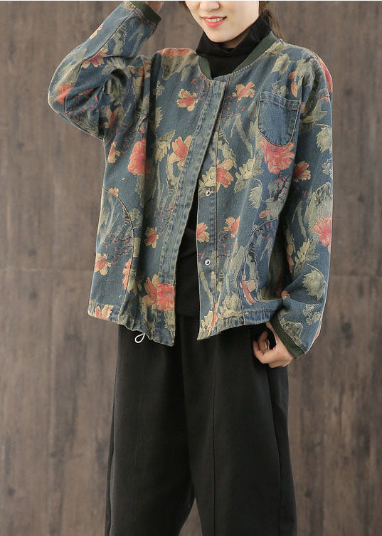 Dames Jas Denim Retro Print Met Knopen 2