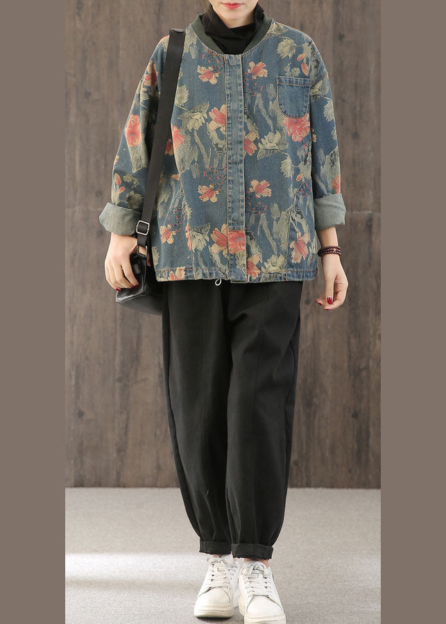 Dames Jas Denim Retro Print Met Knopen 3