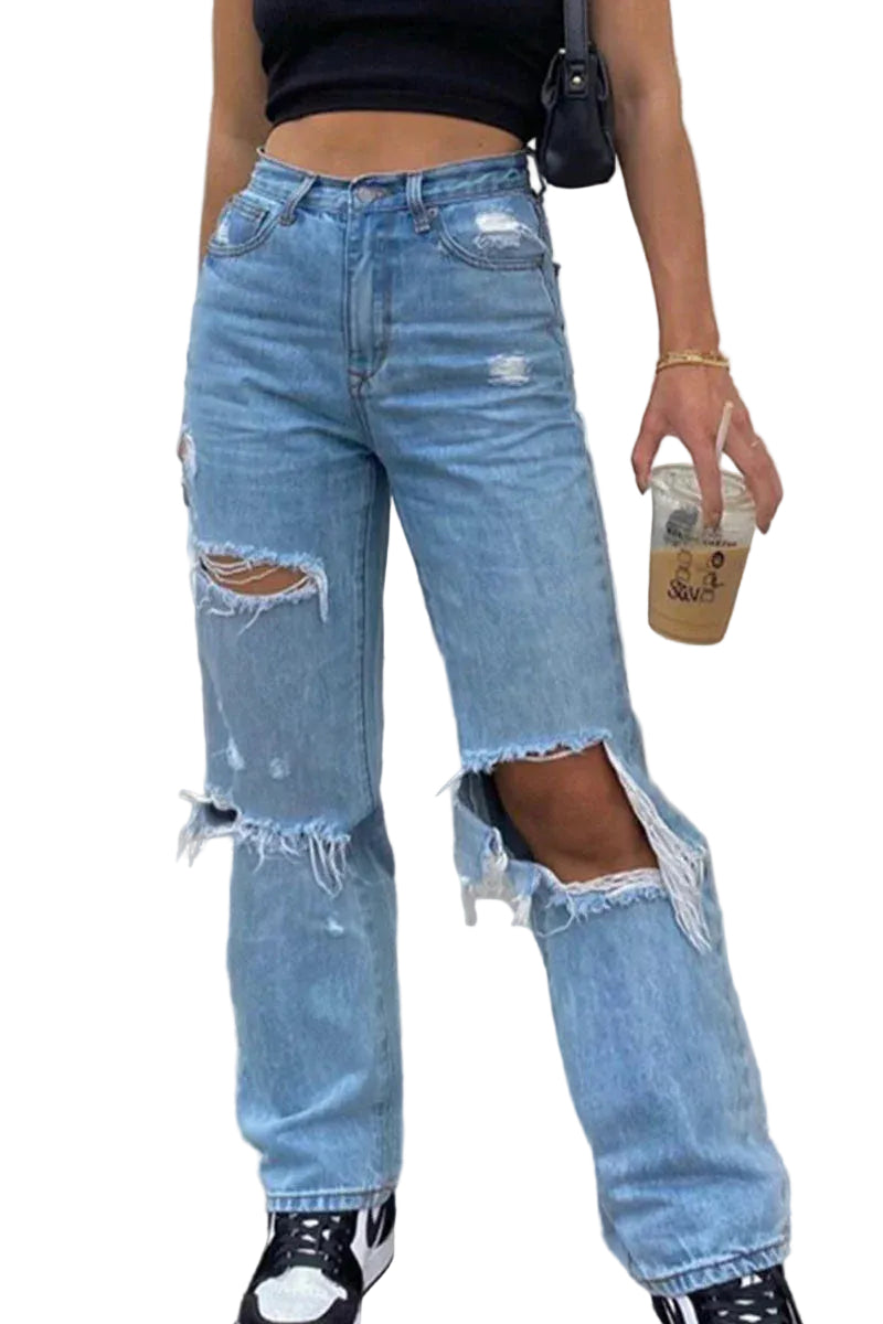Dames Jeans High Waist Met Gescheurde Details 0