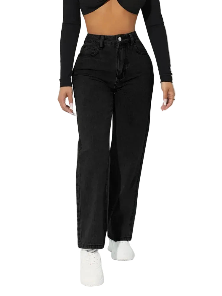 Dames Jeans met Hoge Taille en Rechte Pijpen 0