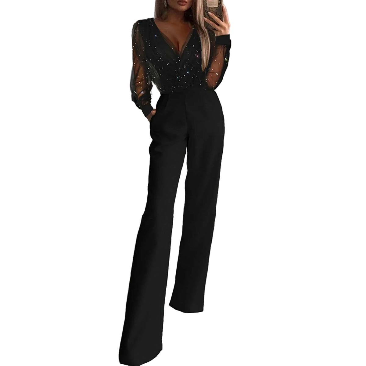 Dames Jumpsuit Feestelijk met Lange Mouwen en Wijde Pijpen 0
