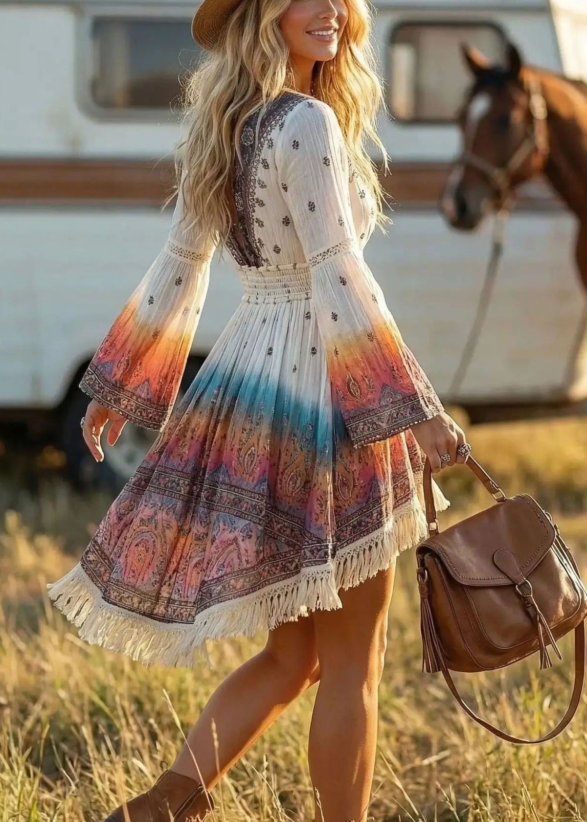 Dames Jurk Boheemse Stijl V-hals Met Trekkoord En Flare Mouwen 2