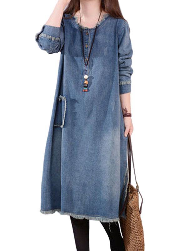 Dames Jurk Denim O-Hals met Knopen en Zakken Casual 0