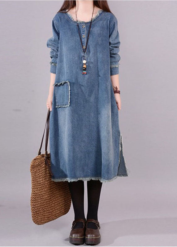 Dames Jurk Denim O-Hals met Knopen en Zakken Casual 1