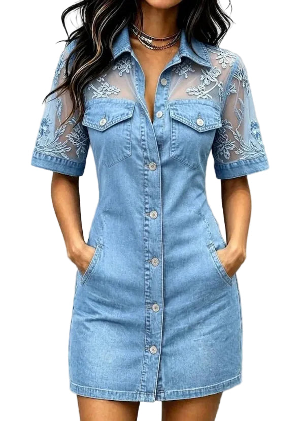 Dames Jurk Korte Mouw Peter Pan Kraag Patchwork Denim Stijl 0