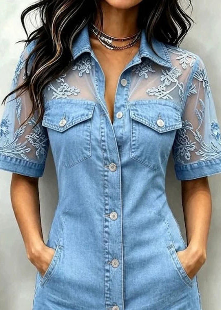 Dames Jurk Korte Mouw Peter Pan Kraag Patchwork Denim Stijl 3