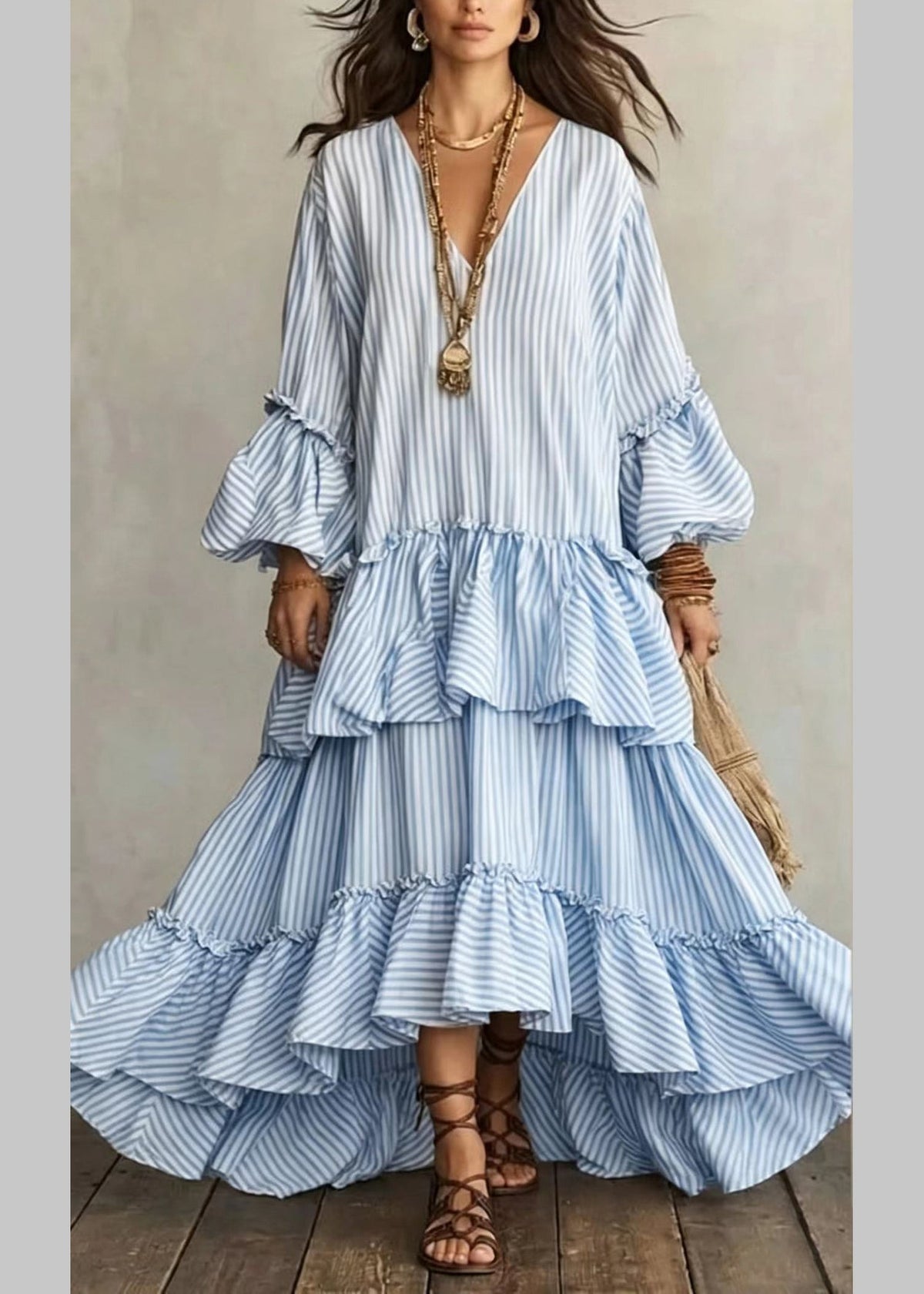 Dames Jurk Lange Asymmetrische V-hals Met Pofmouwen 4