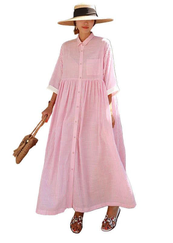 Dames Jurk Lange Gestreepte Met Peter Pan Kraag en Praktische Zakken 0