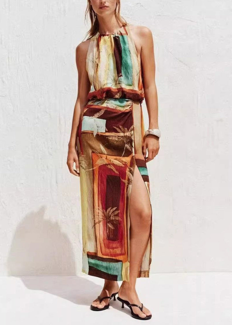 Dames Jurk Mouwloos Bohemien Print Open Rug 0