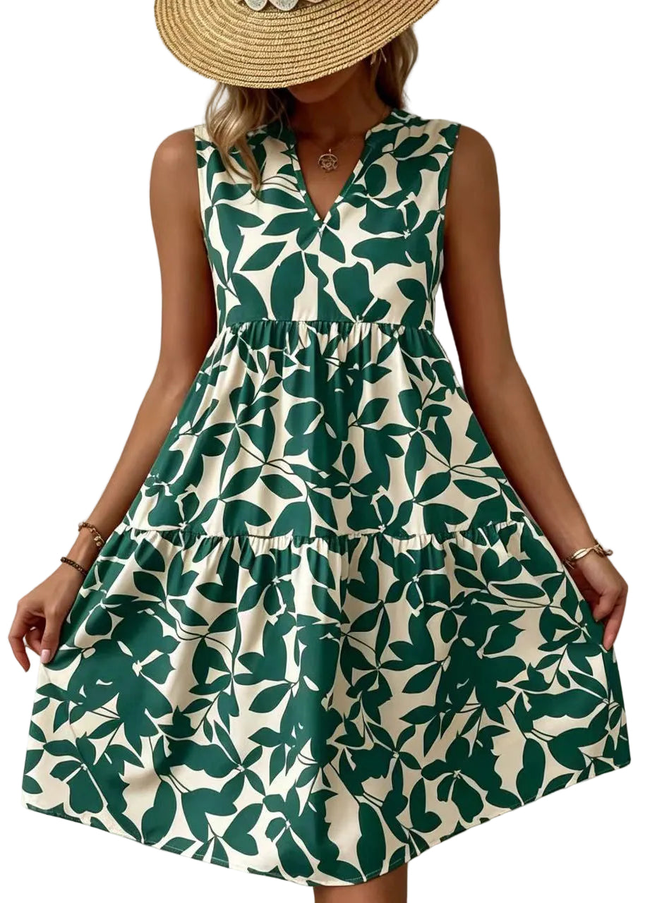 Dames Jurk Mouwloos V-hals Groen Print 0