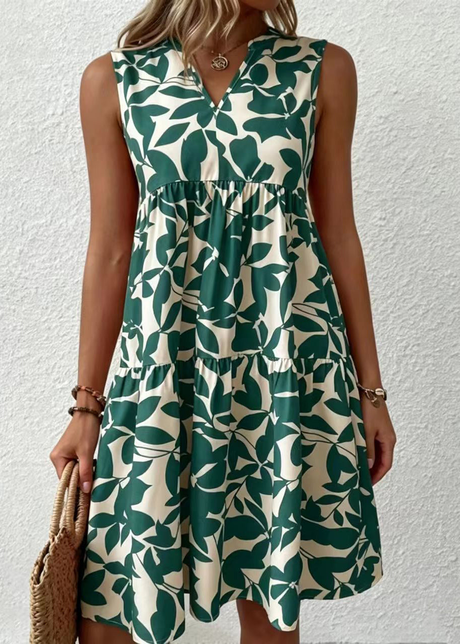 Dames Jurk Mouwloos V-hals Groen Print 1