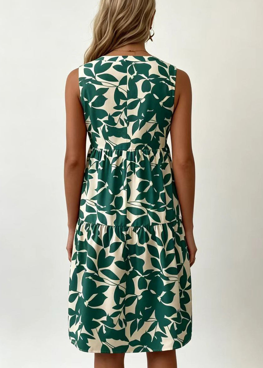 Dames Jurk Mouwloos V-hals Groen Print 3