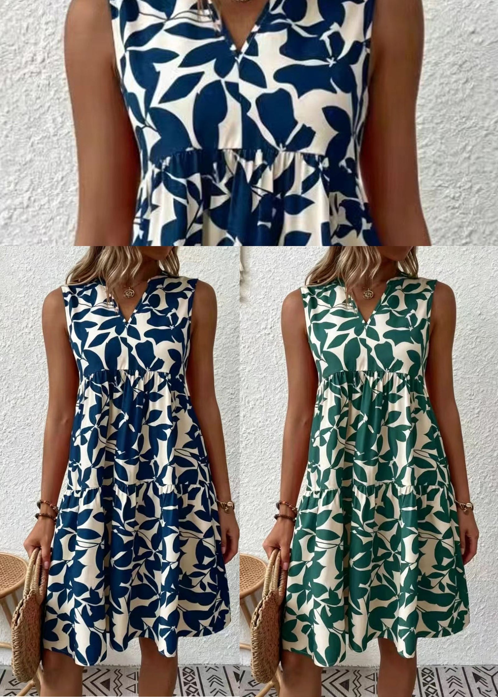 Dames Jurk Mouwloos V-hals Groen Print 4