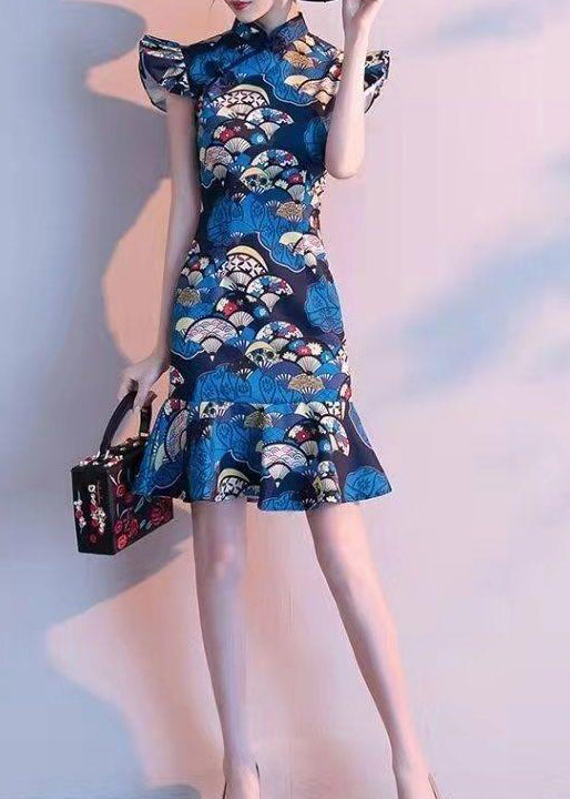 Dames Jurk Opstaande Kraag Pauwblauwe Print Zomerjurk 1