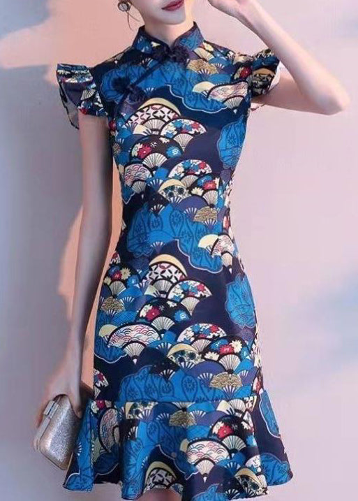 Dames Jurk Opstaande Kraag Pauwblauwe Print Zomerjurk 2