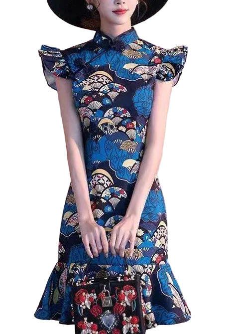 Dames Jurk Opstaande Kraag Pauwblauwe Print Zomerjurk 3
