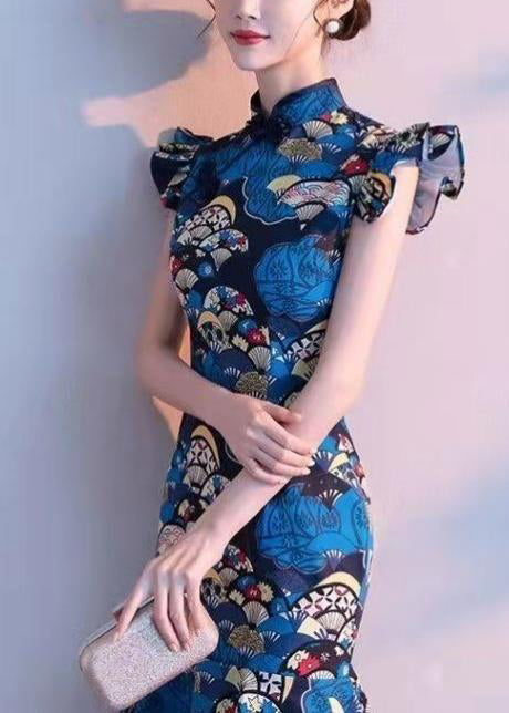 Dames Jurk Opstaande Kraag Pauwblauwe Print Zomerjurk 4