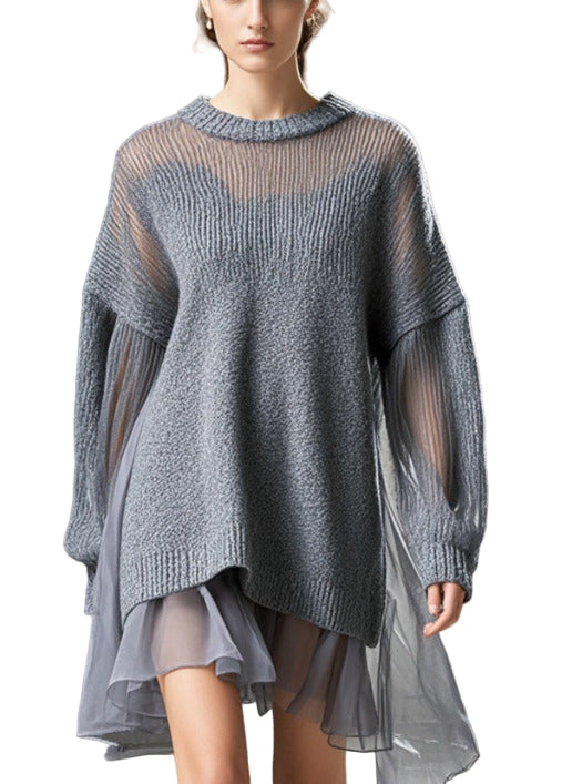 Dames Jurk Oversized Tulle Gebreid met Patchwork voor Casual Stijl 0
