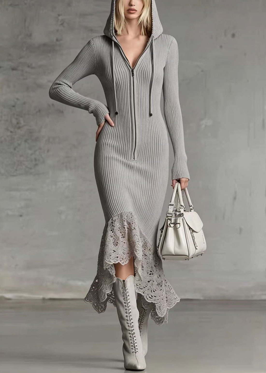 Dames Jurk Patchwork Kant Lange Mouwen Met Capuchon 2