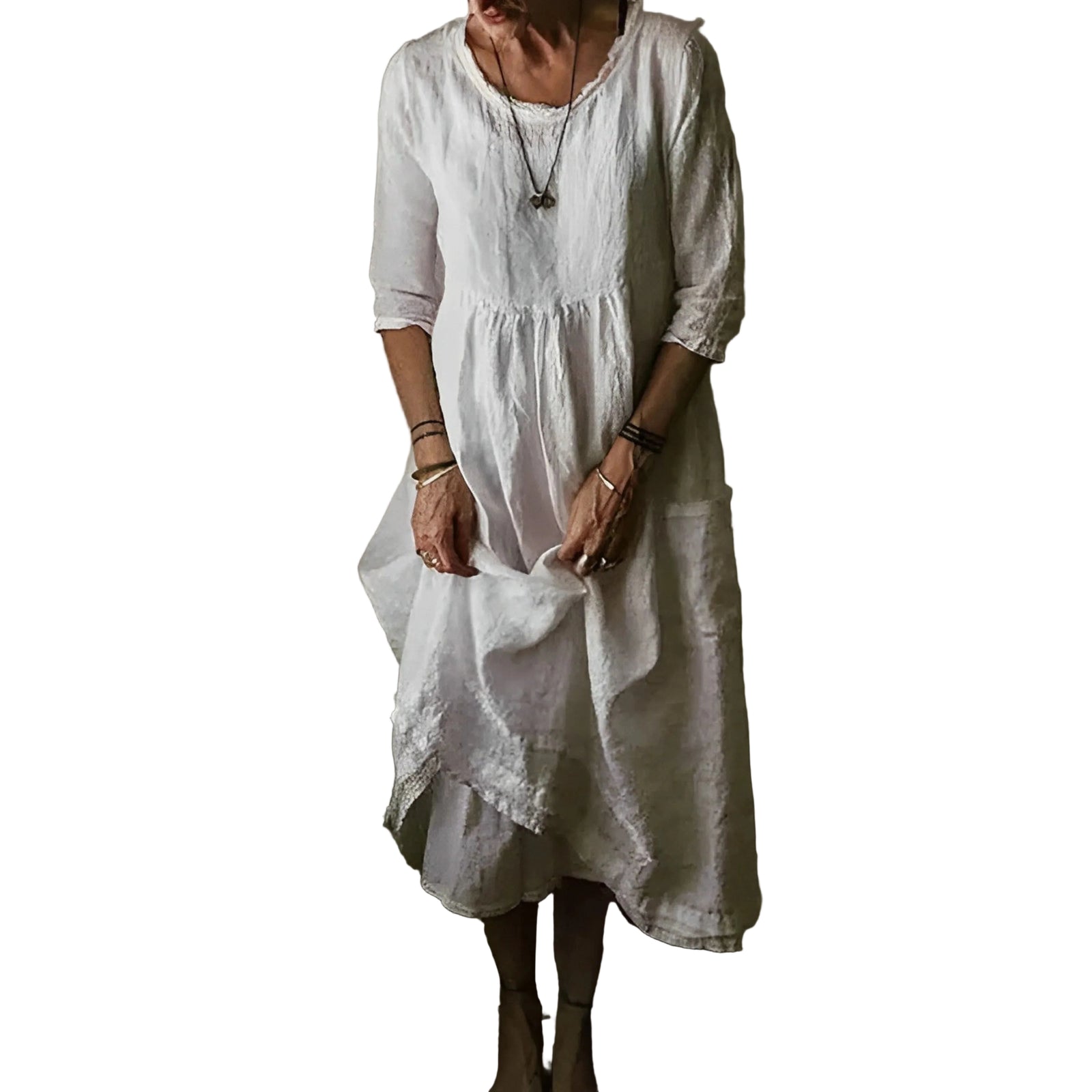 Dames Jurk Ronde Hals 3/4 Mouwen Chic Vloeiend Design 0