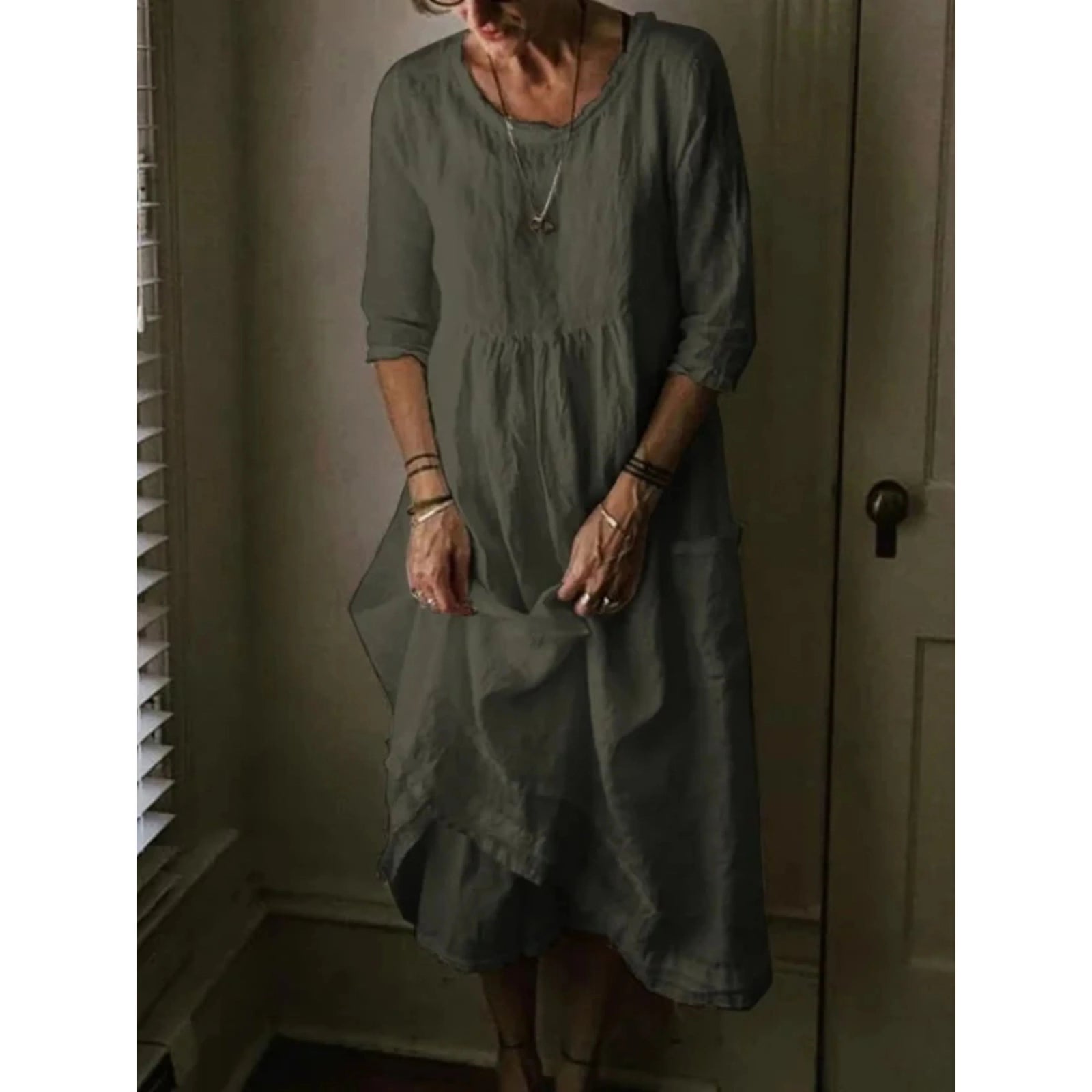 Dames Jurk Ronde Hals 3/4 Mouwen Chic Vloeiend Design 1