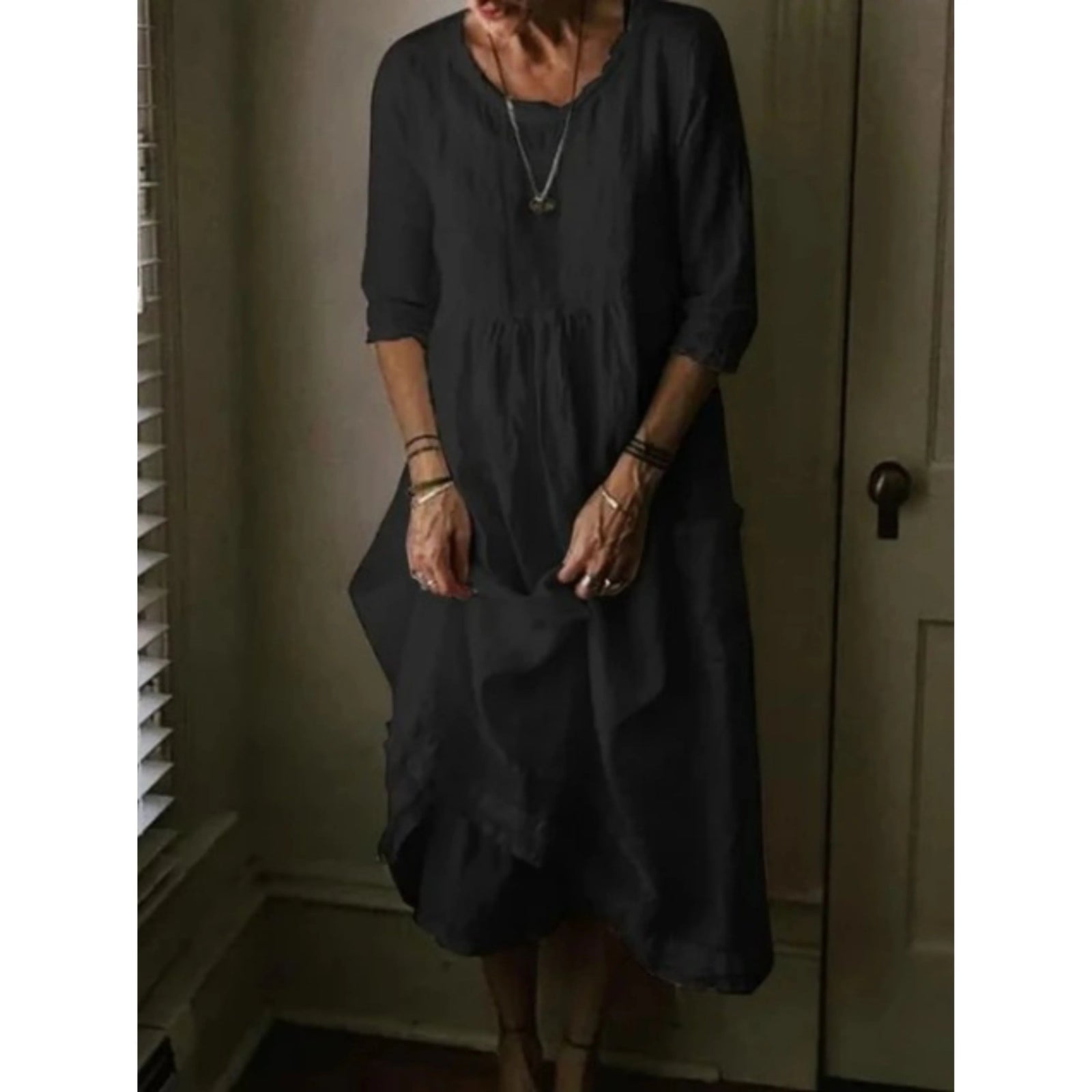 Dames Jurk Ronde Hals 3/4 Mouwen Chic Vloeiend Design 5