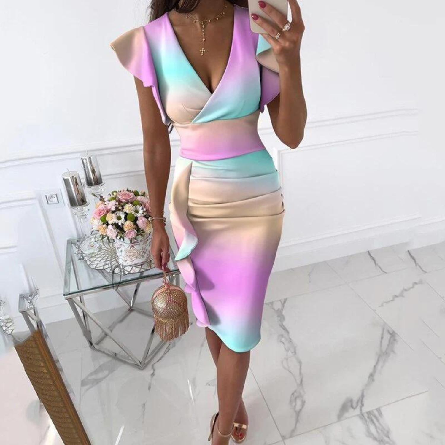 Dames Jurk V-Hals Aangerimpelde Mouwen 13