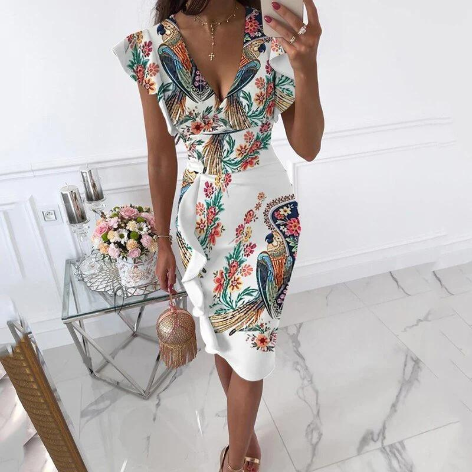 Dames Jurk V-Hals Aangerimpelde Mouwen 4