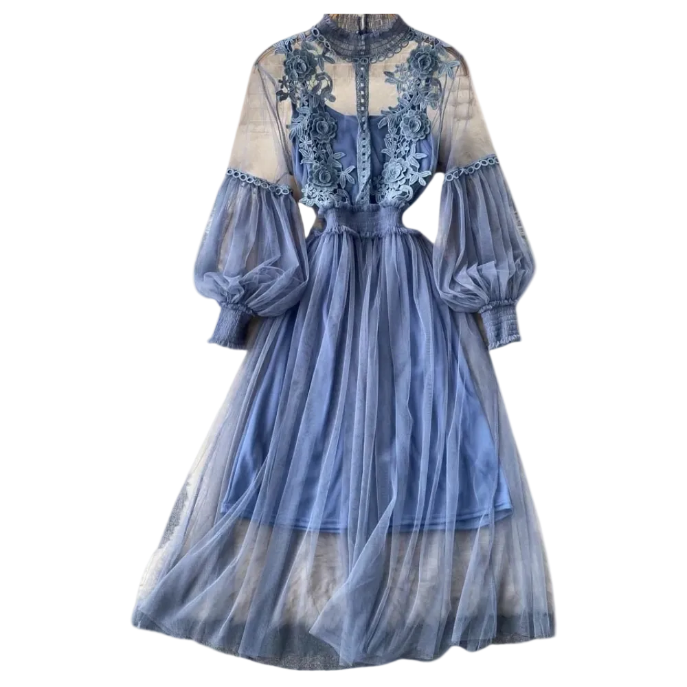Dames Jurk met Opstaande Kraag en Lantaarnmouwen Elegant 4