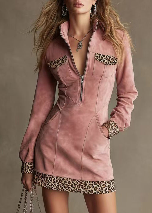 Dames Jurk met Opstaande Kraag en Patchwork Luipaardprint 1