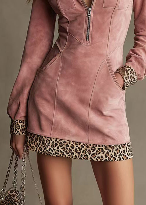 Dames Jurk met Opstaande Kraag en Patchwork Luipaardprint 3