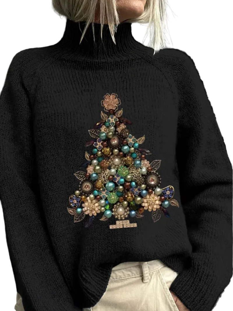 Dames Kersttrui met Hoge Kraag en Luxe Print 0
