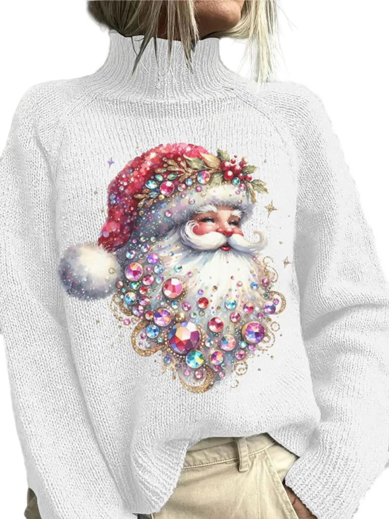 Dames Kersttrui met Hoge Kraag en Sprankelende Print 0