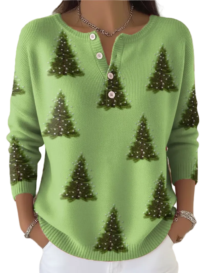 Dames Kersttrui met Knoopsluiting en Print 0