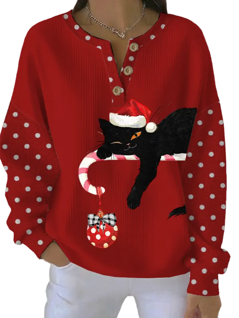 Dames Kersttrui met Speelse Kat en Knoopsluiting - Foute Kersttrui voor een Vrolijke Feestdagen 0
