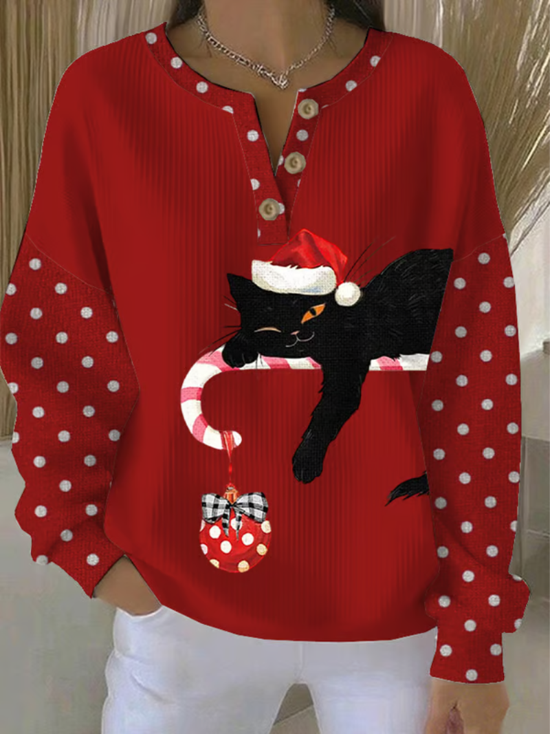 Dames Kersttrui met Speelse Kat en Knoopsluiting - Foute Kersttrui voor een Vrolijke Feestdagen 1