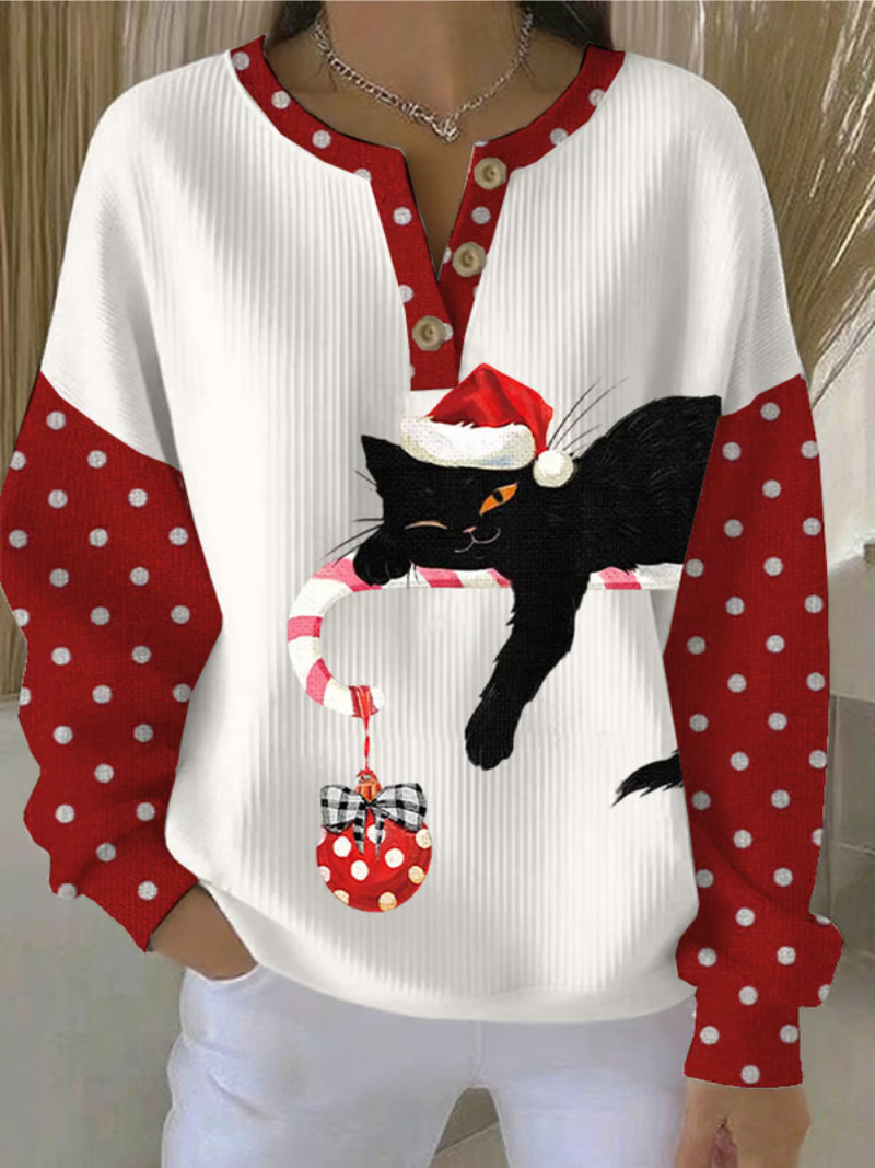 Dames Kersttrui met Speelse Kat en Knoopsluiting - Foute Kersttrui voor een Vrolijke Feestdagen 3