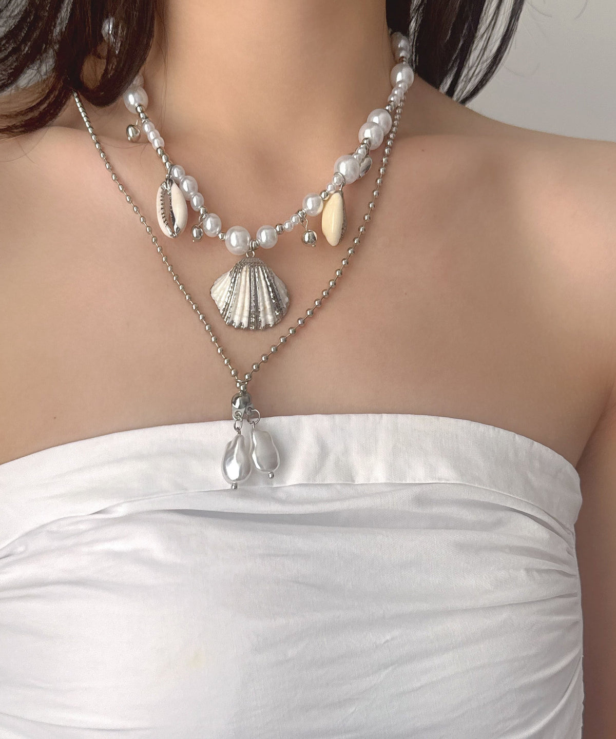 Dames Ketting Dubbellaags Met Schelp En Parel Hanger 0