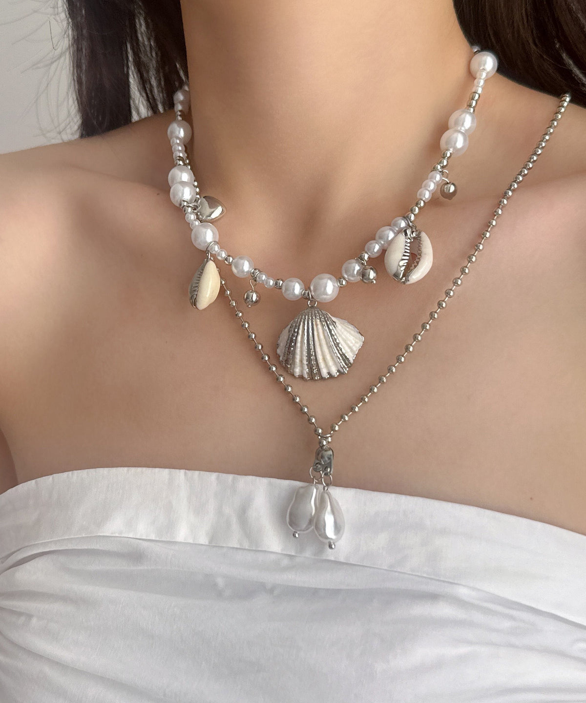 Dames Ketting Dubbellaags Met Schelp En Parel Hanger 2