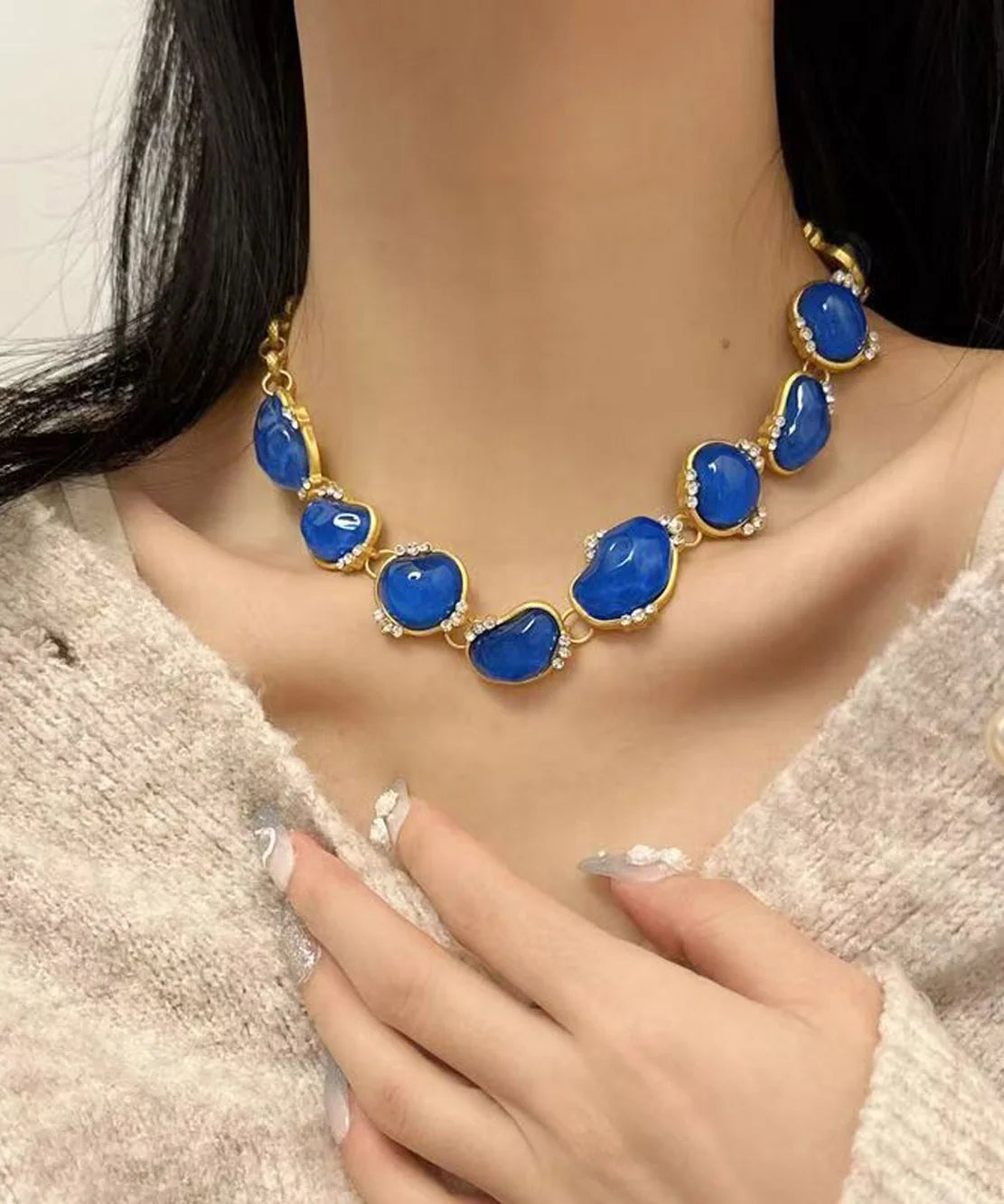 Dames Ketting Vintage Stijl Blauw Met Vergulde Rand 0