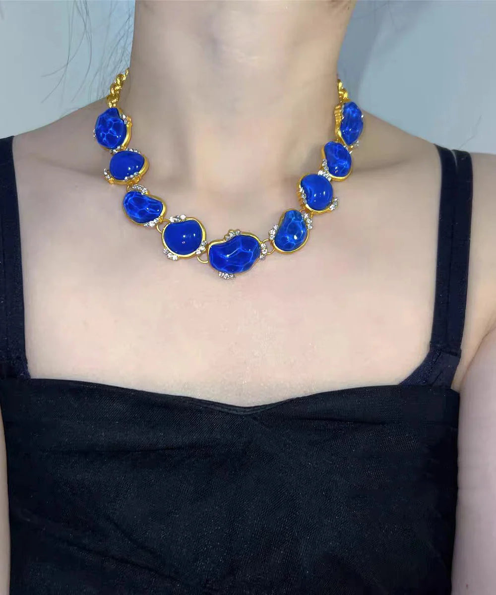 Dames Ketting Vintage Stijl Blauw Met Vergulde Rand 2