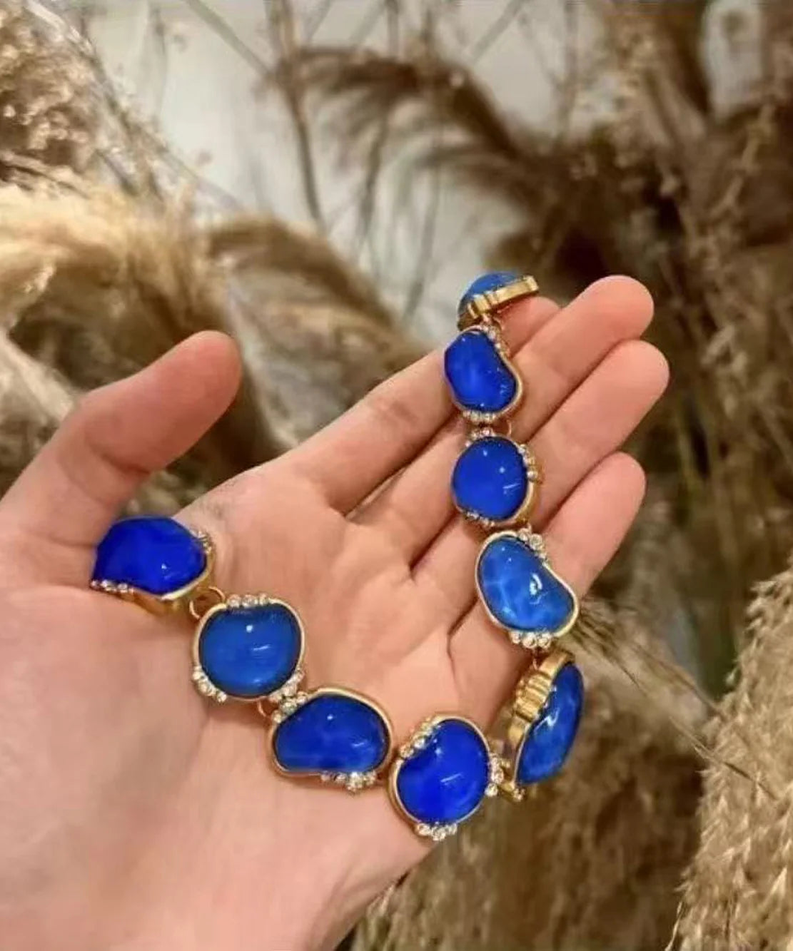 Dames Ketting Vintage Stijl Blauw Met Vergulde Rand 3
