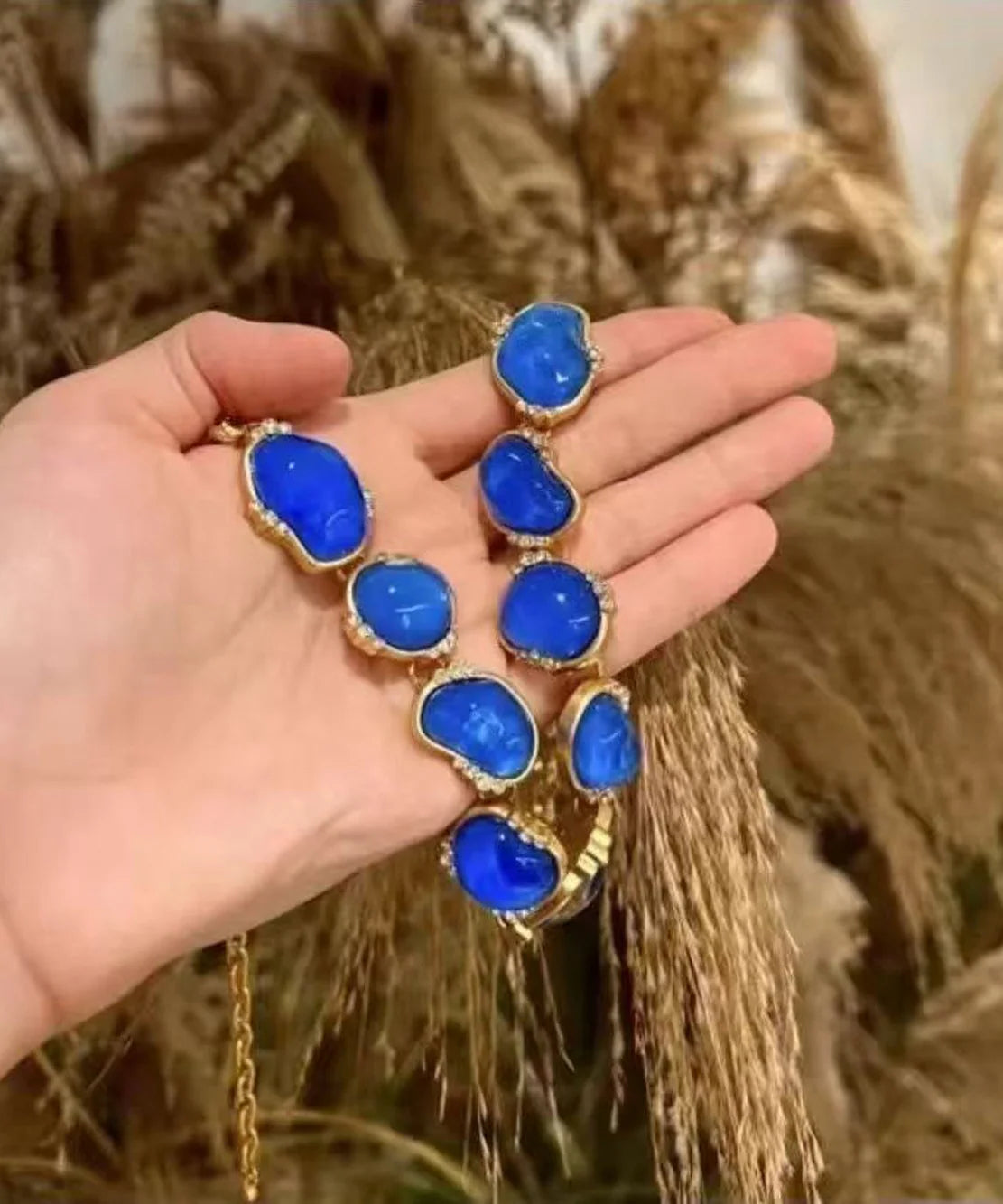 Dames Ketting Vintage Stijl Blauw Met Vergulde Rand 4