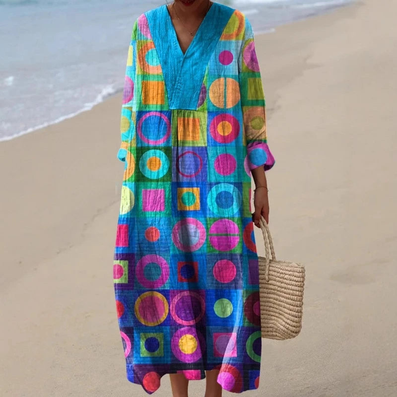 Dames Kleurblok Jurk V-Hals Zacht Ademend Casual Jurken 0