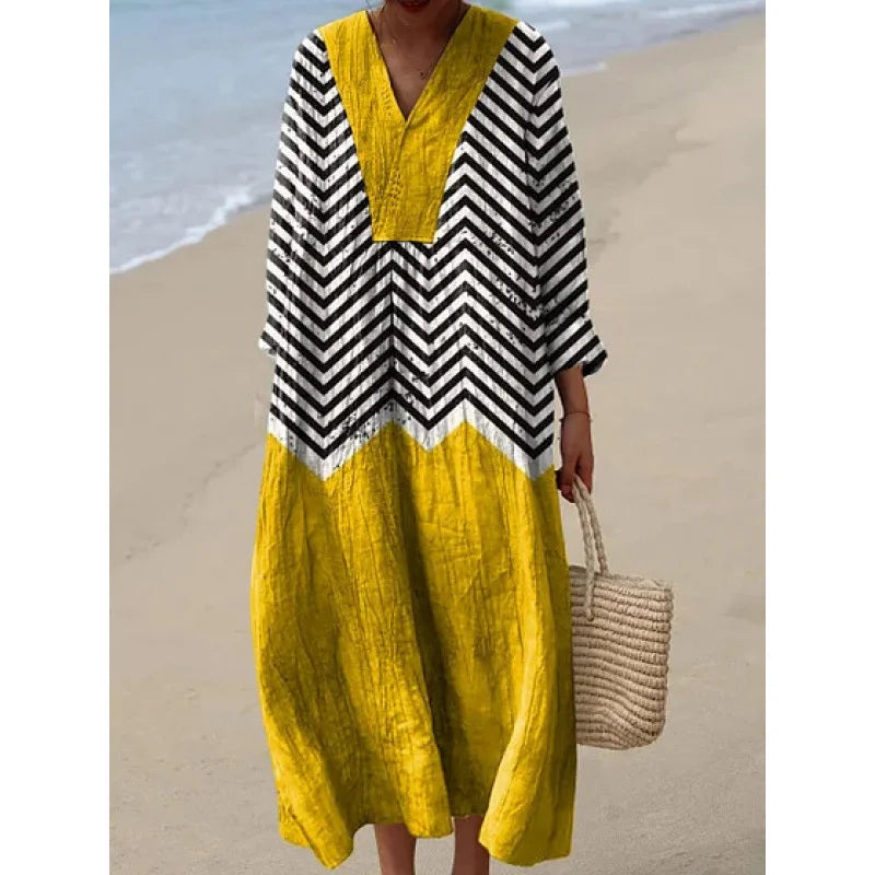 Dames Kleurblok Jurk V-Hals Zacht Ademend Casual Jurken 12