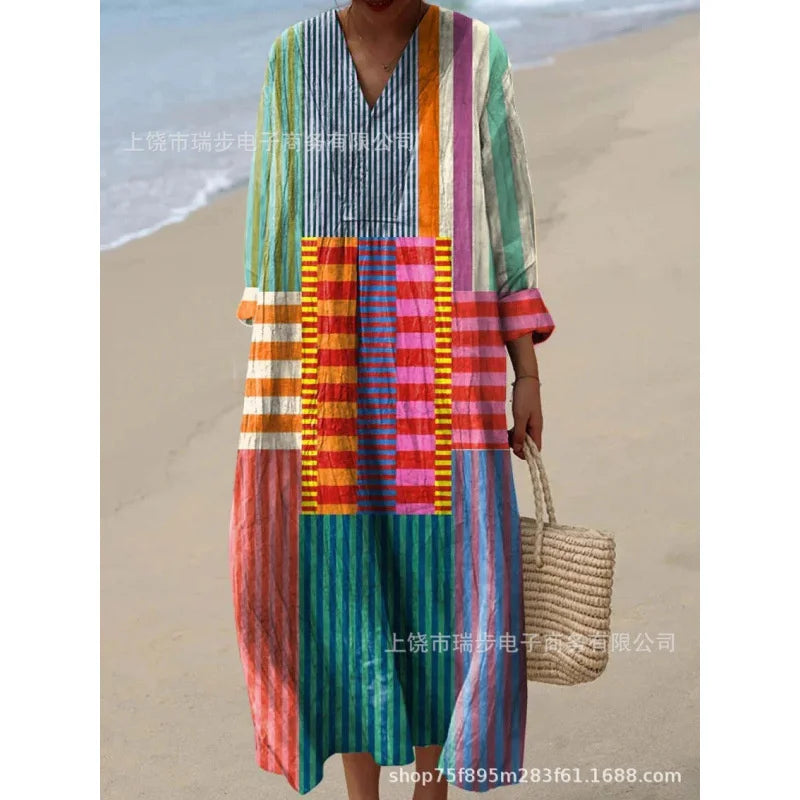 Dames Kleurblok Jurk V-Hals Zacht Ademend Casual Jurken 16